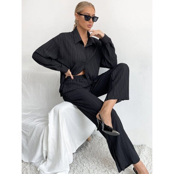 2 piece set: button down shirt & wide leg pants textured black - Picture 1 of 8